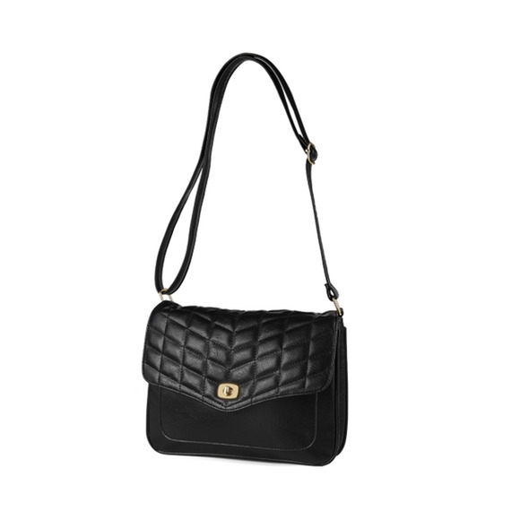 Vegan Leather Quilted Crossbody Flapover Bag - Picture 2 of 6